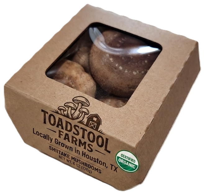 Toadstool Farms shiitake mushrooms in a kraft box